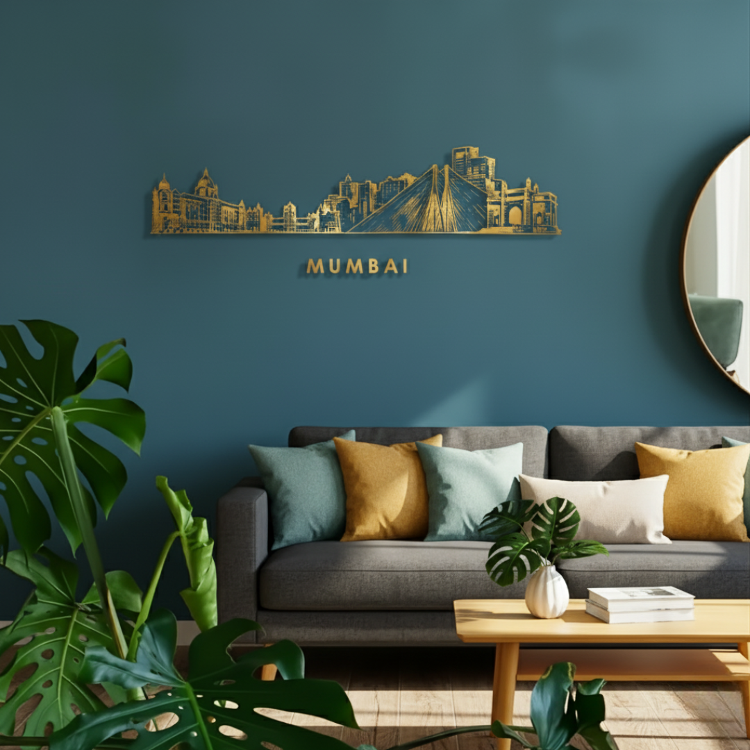 Arcdew Acrylic Black Mumbai Skyline Wall Art for Home Decor - arcdew.com - Arcdew branded acrylic Mumbai skyline wall art in gold with special detailing on teal wall.