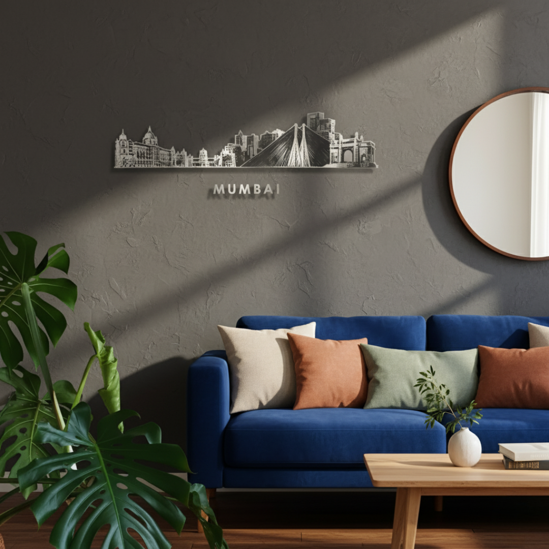 Arcdew Acrylic Black Mumbai Skyline Wall Art for Home Decor - arcdew.com - Arcdew branded black acrylic Mumbai skyline wall art with detailed cityscape on gray wall.