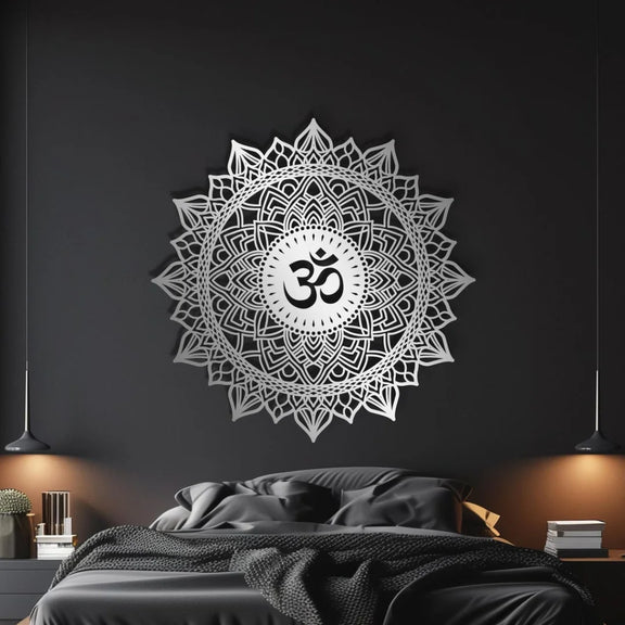 Lotus Mandala Om Acrylic Wall Art Silver 1