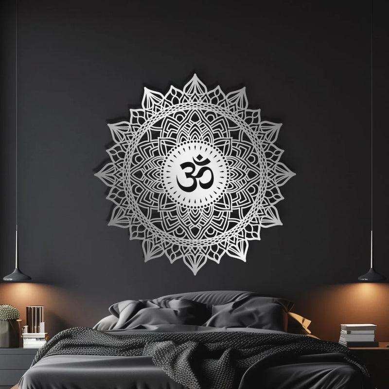 Lotus Mandala Om Acrylic Wall Art Silver 1