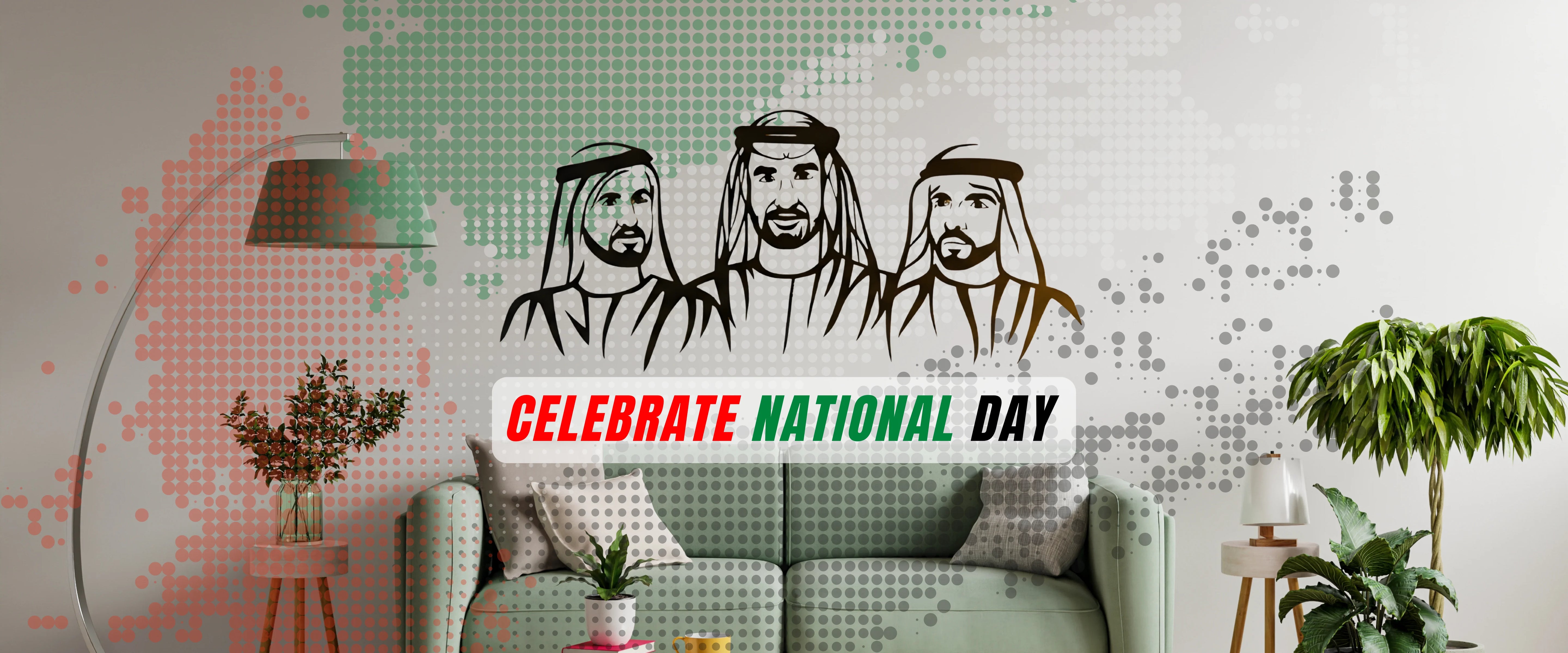 Living room with a sofa, decorative plants, and a wall with illustrations of three men and a 'Celebrate National Day' sign, Arcdew_Cover Desktop latest