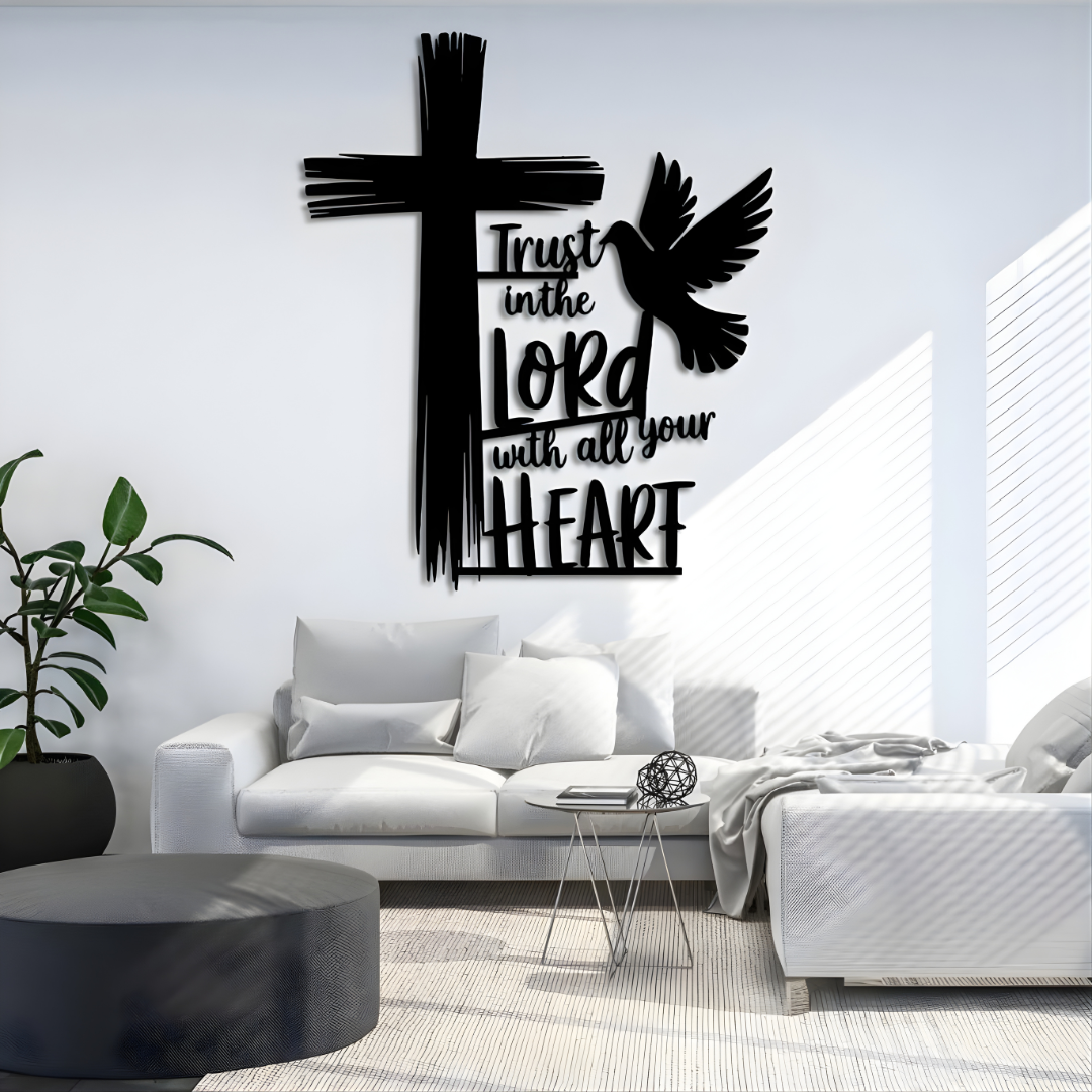 Arcdew Cross, Dove & Bible Quote – Christian Wall Decal UAE | Christmas & Baptism Gift for Church & Home - arcdew.com - Black acrylic Arcdew Christian wall decal with cross, dove, and Bible quote above white sofa.