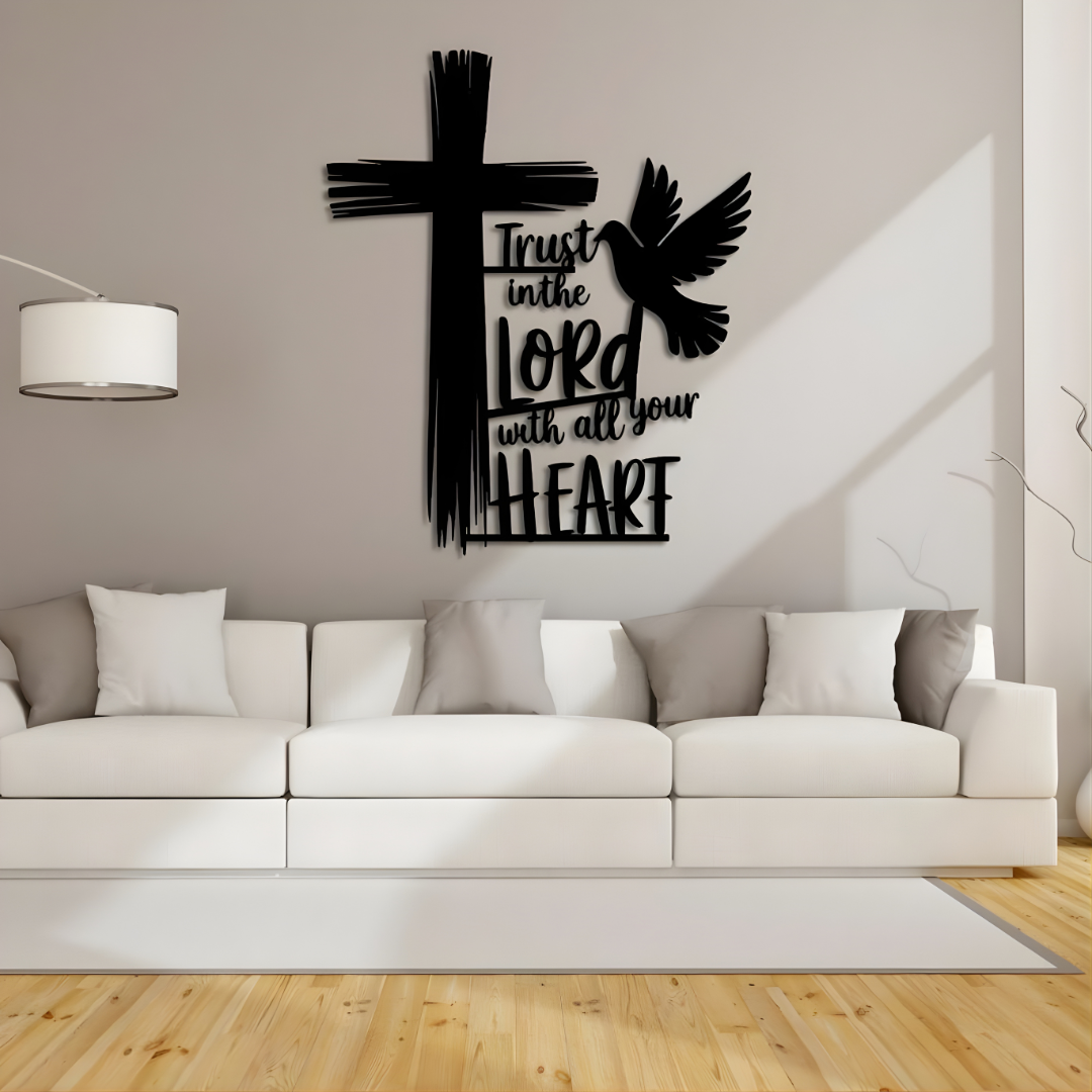 Arcdew Cross, Dove & Bible Quote – Christian Wall Decal UAE | Christmas & Baptism Gift for Church & Home - arcdew.com - Black acrylic Arcdew wall decal with cross, dove, and "Trust in the Lord" Bible quote above sofa.