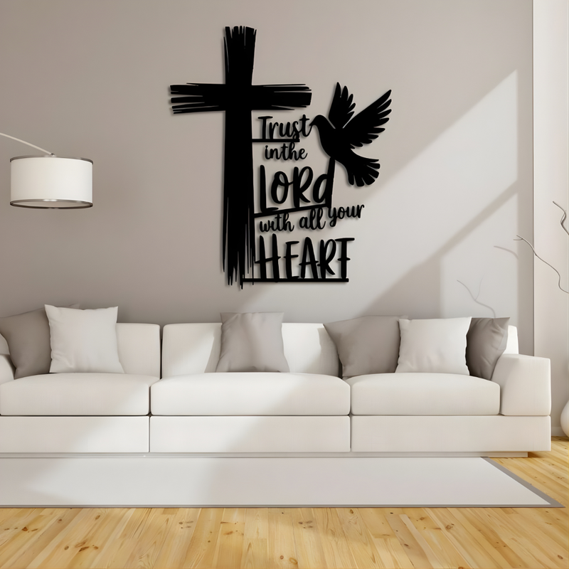 Arcdew Cross, Dove & Bible Quote – Christian Wall Decal UAE | Christmas & Baptism Gift for Church & Home - arcdew.com - Black acrylic Arcdew wall decal with cross, dove, and "Trust in the Lord" Bible quote above sofa.