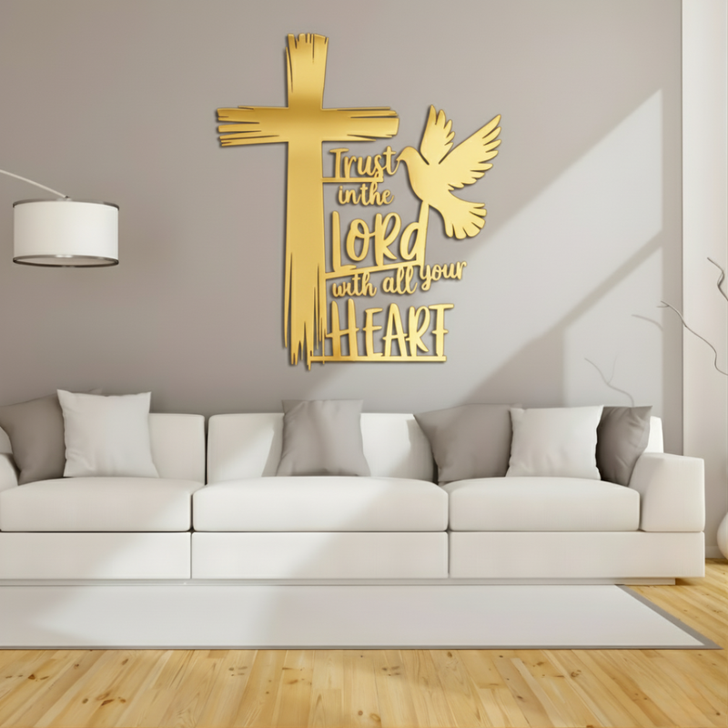 Arcdew Cross, Dove & Bible Quote – Christian Wall Decal UAE | Christmas & Baptism Gift for Church & Home - arcdew.com - Gold acrylic Arcdew wall decal with cross, dove, and "Trust the Lord with all your heart" quote above white sofa.