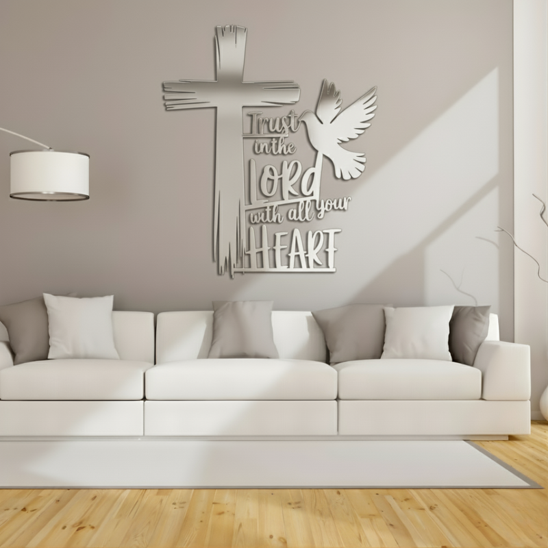 Arcdew Cross, Dove & Bible Quote – Christian Wall Decal UAE | Christmas & Baptism Gift for Church & Home - arcdew.com - Arcdew branded acrylic Christian wall decal with cross, dove, and Bible quote in silver above sofa.