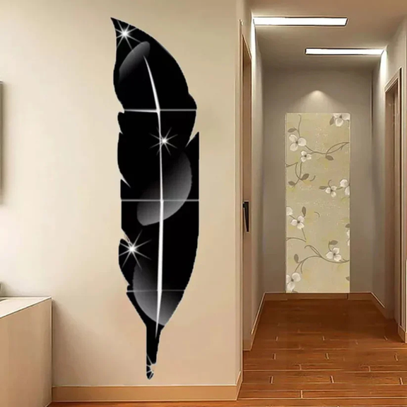 Arcdew Decorative Acrylic Feather Mirror Wall Decal | Modern UAE Home Decor - arcdew.com - Arcdew branded black acrylic feather mirror wall decal with glossy reflective finish.