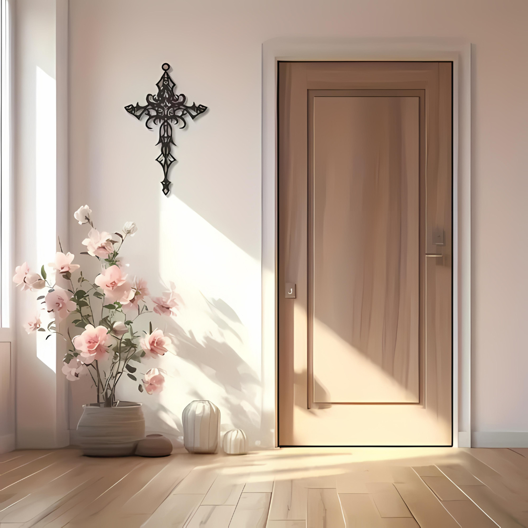 Arcdew Design Christian Wall Décor UAE | Christmas & Baptism Gift for Church & Home - arcdew.com - Black branded Arcdew acrylic Christian cross wall décor with intricate design above wooden door.