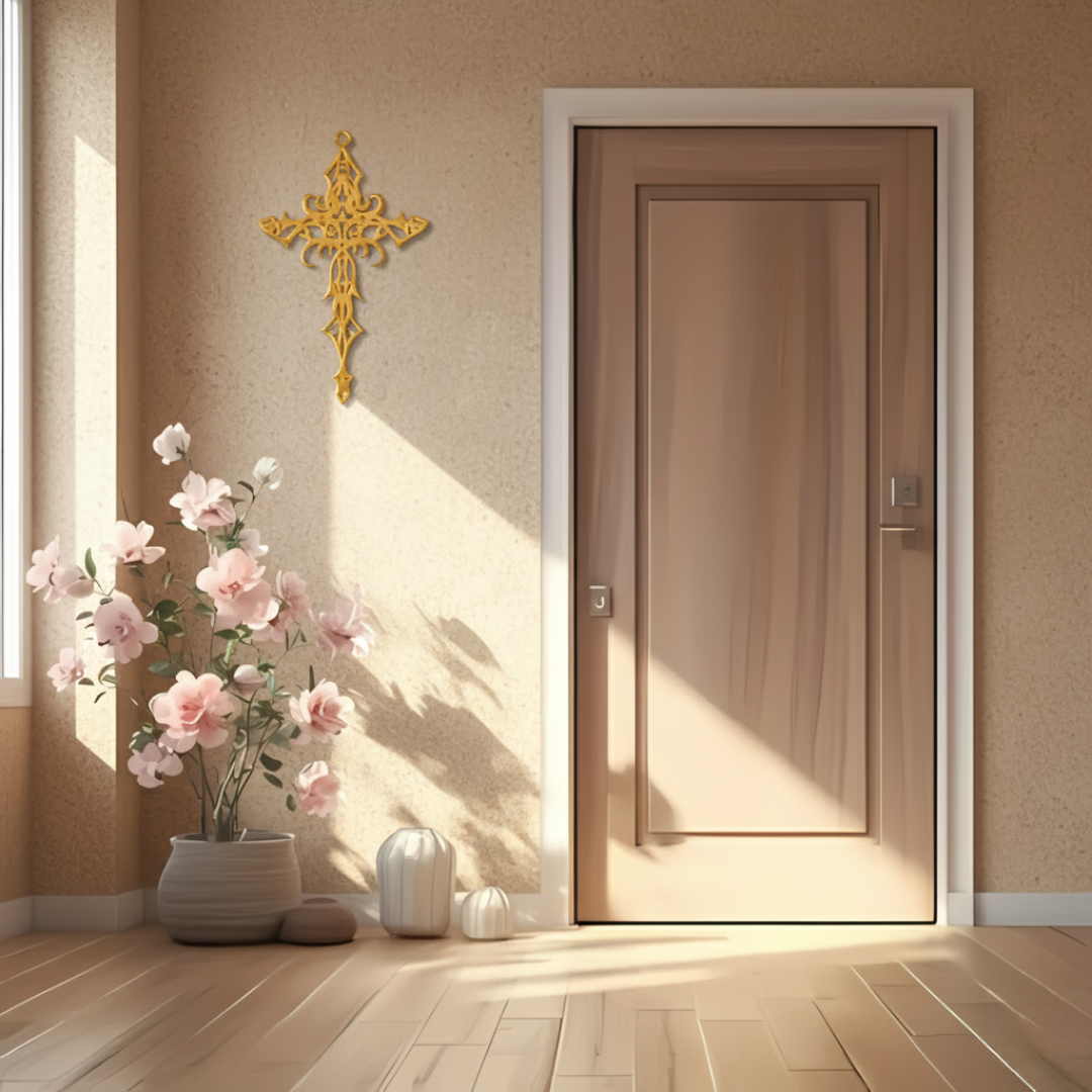 Arcdew Design Christian Wall Décor UAE | Christmas & Baptism Gift for Church & Home - arcdew.com - Gold acrylic Arcdew branded Christian cross wall décor above doorway in neutral room.