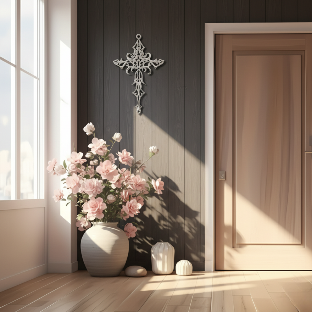 Arcdew Design Christian Wall Décor UAE | Christmas & Baptism Gift for Church & Home - arcdew.com - Black acrylic Arcdew branded Christian wall décor cross with intricate design on dark wood wall.