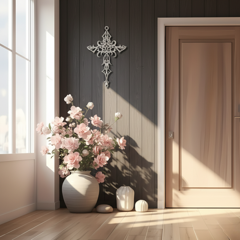 Arcdew Design Christian Wall Décor UAE | Christmas & Baptism Gift for Church & Home - arcdew.com - Black acrylic Arcdew branded Christian wall décor cross with intricate design on dark wood wall.