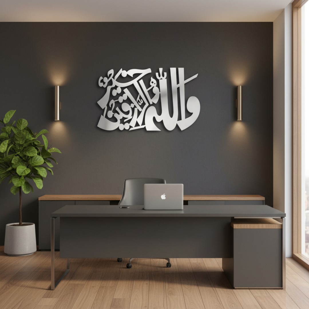 Arcdew Dua for Rizq | Quranic Verse Wall Art | Islamic Home Décor - arcdew.com - Silver acrylic Arcdew branded Quranic verse wall art with Islamic calligraphy on dark wall.