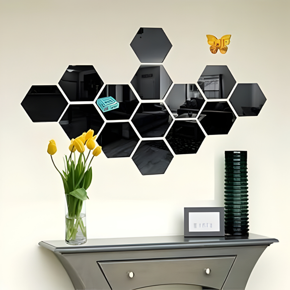 Arcdew Hexagon 3D Acrylic Mirror | Modern Wall Decoration for Home & Office in UAE Black