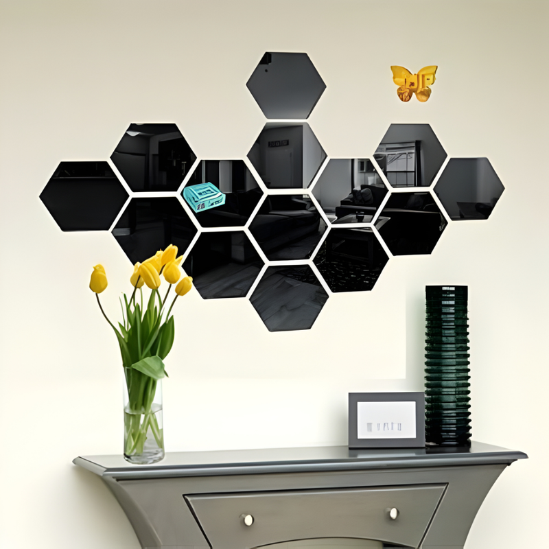 Arcdew Hexagon 3D Acrylic Mirror | Modern Wall Decoration for Home & Office in UAE Black