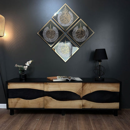 Arcdew Islamic Calligraphy Set – Ayatul Kursi, Surah Al Ikhlas, Al Falaq & Al Nas | Acrylic Wall Frames UAE gold silver on black