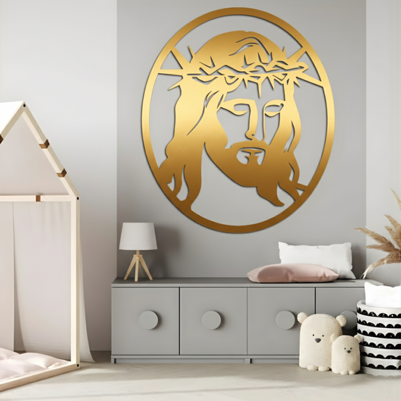 Arcdew Jesus Christ Frame Wall Décor UAE | Christian Home & Church Decor for Christmas & Baptism - arcdew.com - Gold acrylic Arcdew branded Jesus Christ wall décor with crown of thorns in modern room.