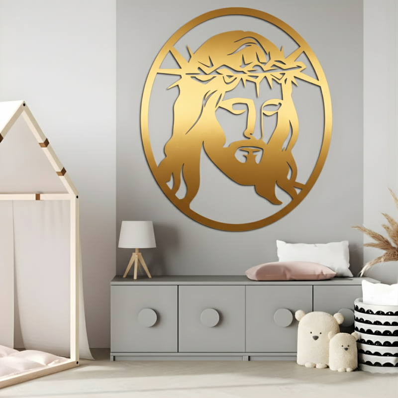 Arcdew Jesus Christ Frame Wall Décor UAE | Christian Home & Church Decor for Christmas & Baptism - arcdew.com - Gold acrylic Arcdew branded Jesus Christ wall décor with crown of thorns in modern room.