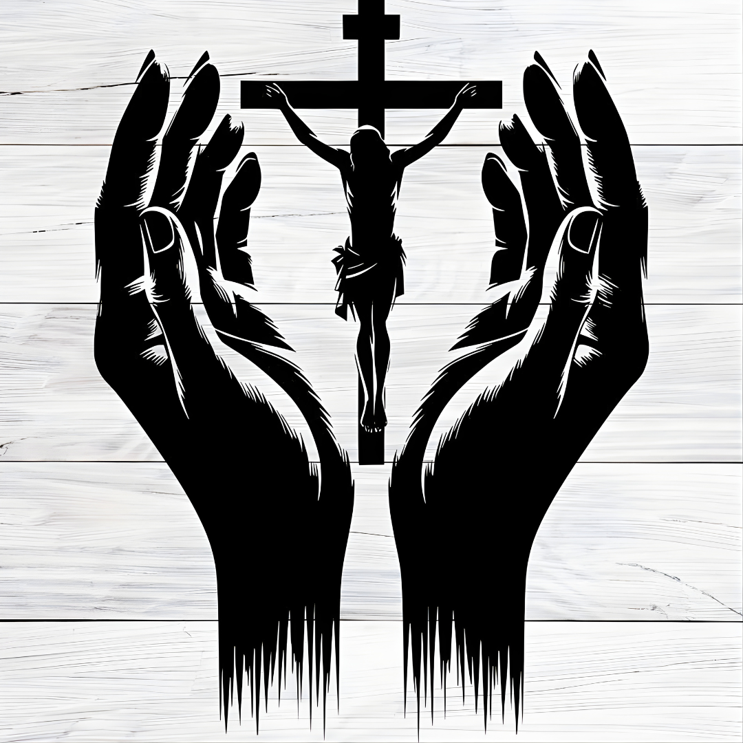 Arcdew Jesus Christ & Praying Hands Wall Decal UAE | Christian Home & Church Decor for Christmas & Baptism - arcdew.com - Black acrylic Arcdew wall decal featuring branded praying hands and Jesus Christ on cross design.
