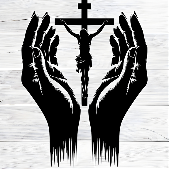 Arcdew Jesus Christ & Praying Hands Wall Decal UAE | Christian Home & Church Decor for Christmas & Baptism - arcdew.com - Black acrylic Arcdew wall decal featuring branded praying hands and Jesus Christ on cross design.