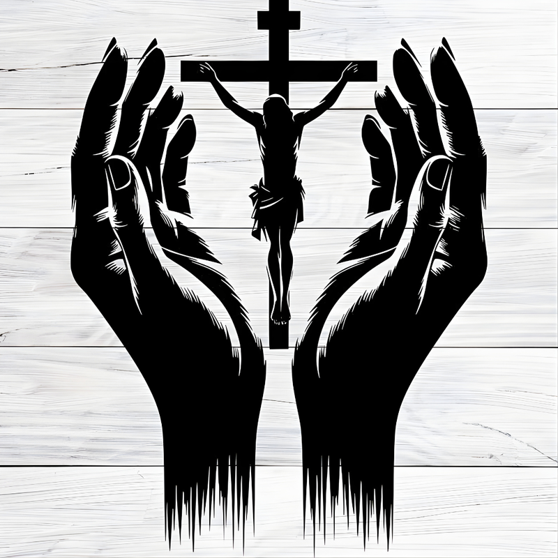 Arcdew Jesus Christ & Praying Hands Wall Decal UAE | Christian Home & Church Decor for Christmas & Baptism - arcdew.com - Black acrylic Arcdew wall decal featuring branded praying hands and Jesus Christ on cross design.