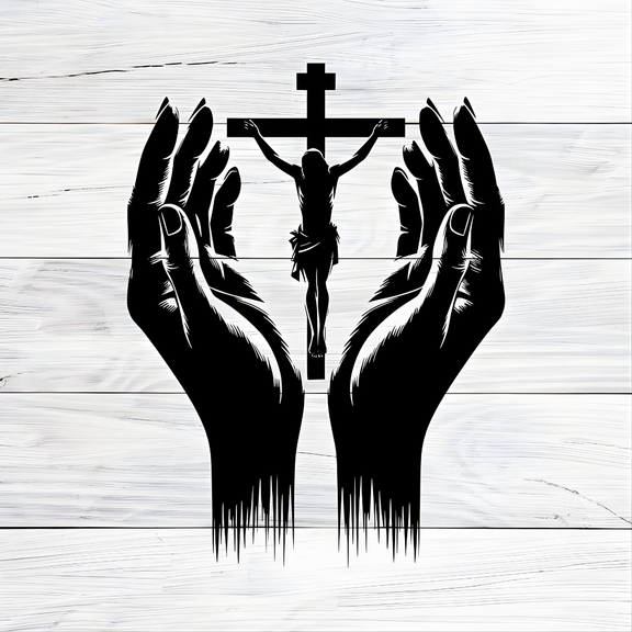Arcdew Jesus Christ & Praying Hands Wall Decal UAE | Christian Home & Church Decor for Christmas & Baptism - arcdew.com - Black acrylic Arcdew wall decal with Jesus Christ crucifix and praying hands design on white wood background.
