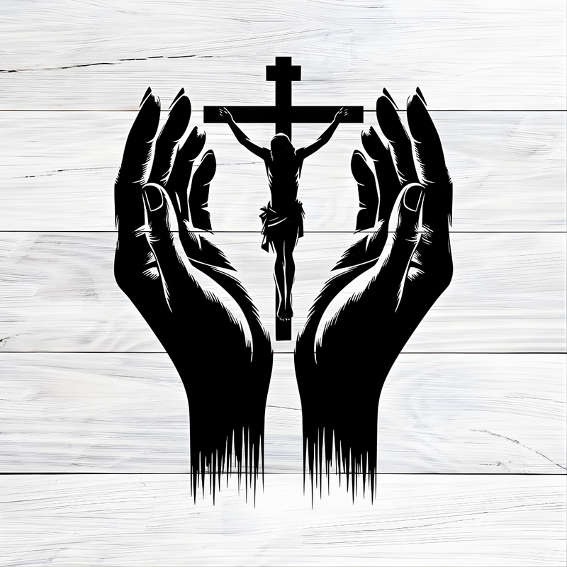 Arcdew Jesus Christ & Praying Hands Wall Decal UAE | Christian Home & Church Decor for Christmas & Baptism - arcdew.com - Black acrylic Arcdew wall decal with Jesus Christ crucifix and praying hands design on white wood background.