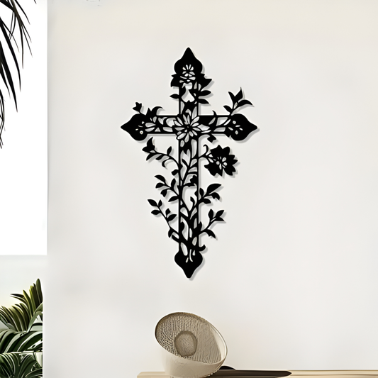 Arcdew Jesus Cross Floral Tree Branches – Christian Wall Décor UAE | Christmas & Baptism Gift for Church & Home - arcdew.com - Black acrylic Arcdew Jesus cross wall décor with floral and tree branch design.