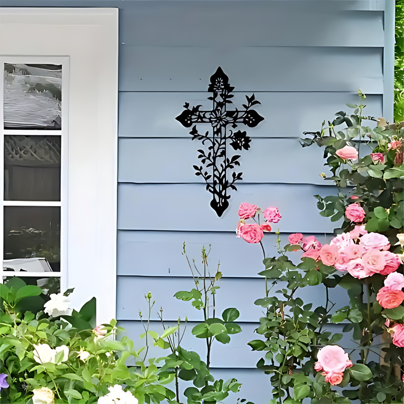 Arcdew Jesus Cross Floral Tree Branches – Christian Wall Décor UAE | Christmas & Baptism Gift for Church & Home - arcdew.com - Black acrylic Arcdew Jesus cross with floral tree branches wall décor on blue siding.