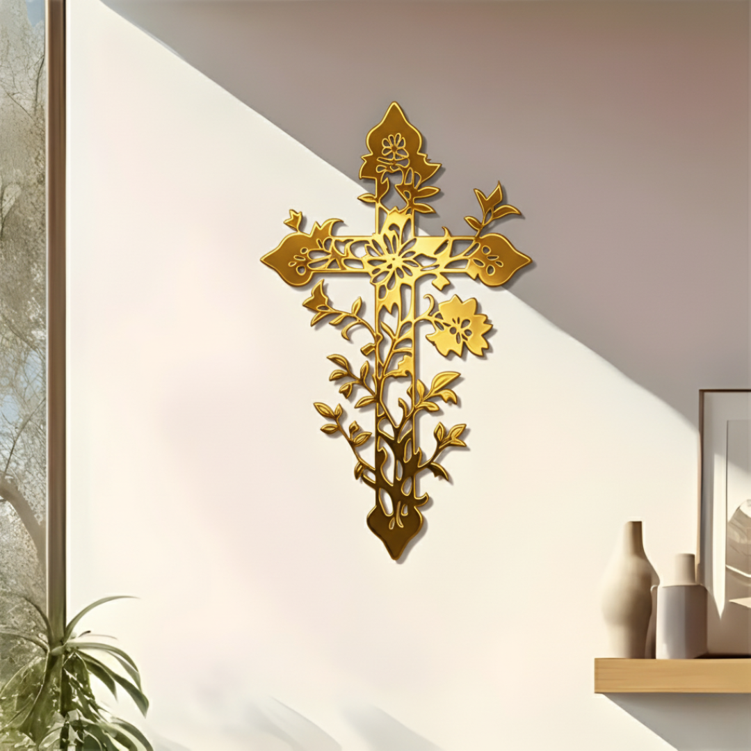 Arcdew Jesus Cross Floral Tree Branches – Christian Wall Décor UAE | Christmas & Baptism Gift for Church & Home - arcdew.com - Arcdew special branded gold acrylic Jesus cross with floral tree branches wall décor.