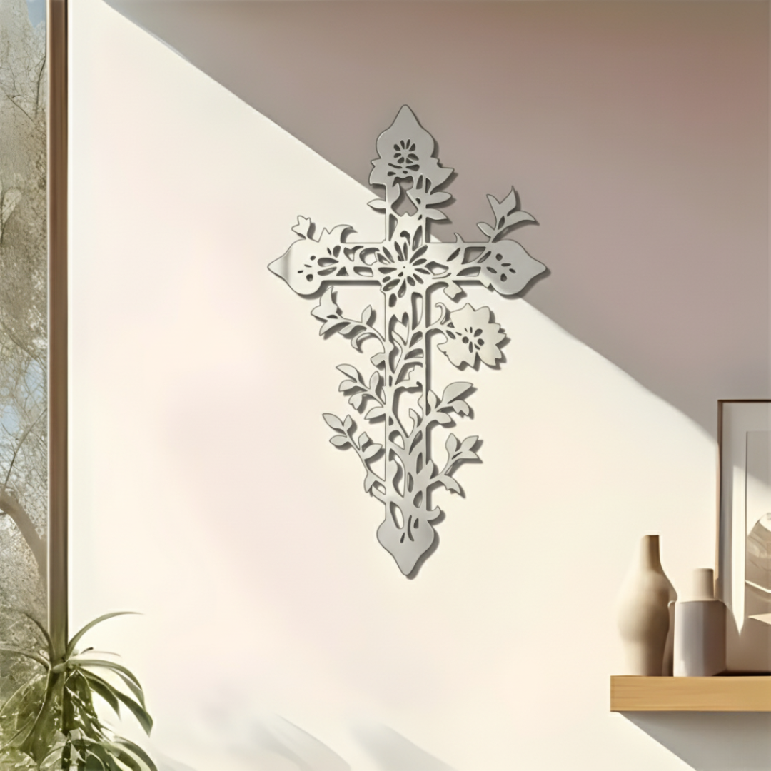 Arcdew Jesus Cross Floral Tree Branches – Christian Wall Décor UAE | Christmas & Baptism Gift for Church & Home - arcdew.com - Silver Arcdew acrylic Jesus cross with floral and tree branch design wall decor.