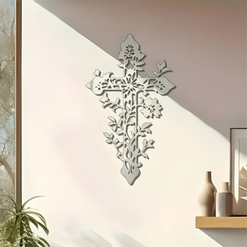 Jesus Cross Floral Tree Branches Silver
