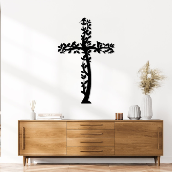 Arcdew Jesus Cross Tree & Birds – Christian Home Décor UAE | Christmas & Baptism Gift for Church & Home - arcdew.com - Black Arcdew branded acrylic Jesus cross wall décor with tree and birds design.
