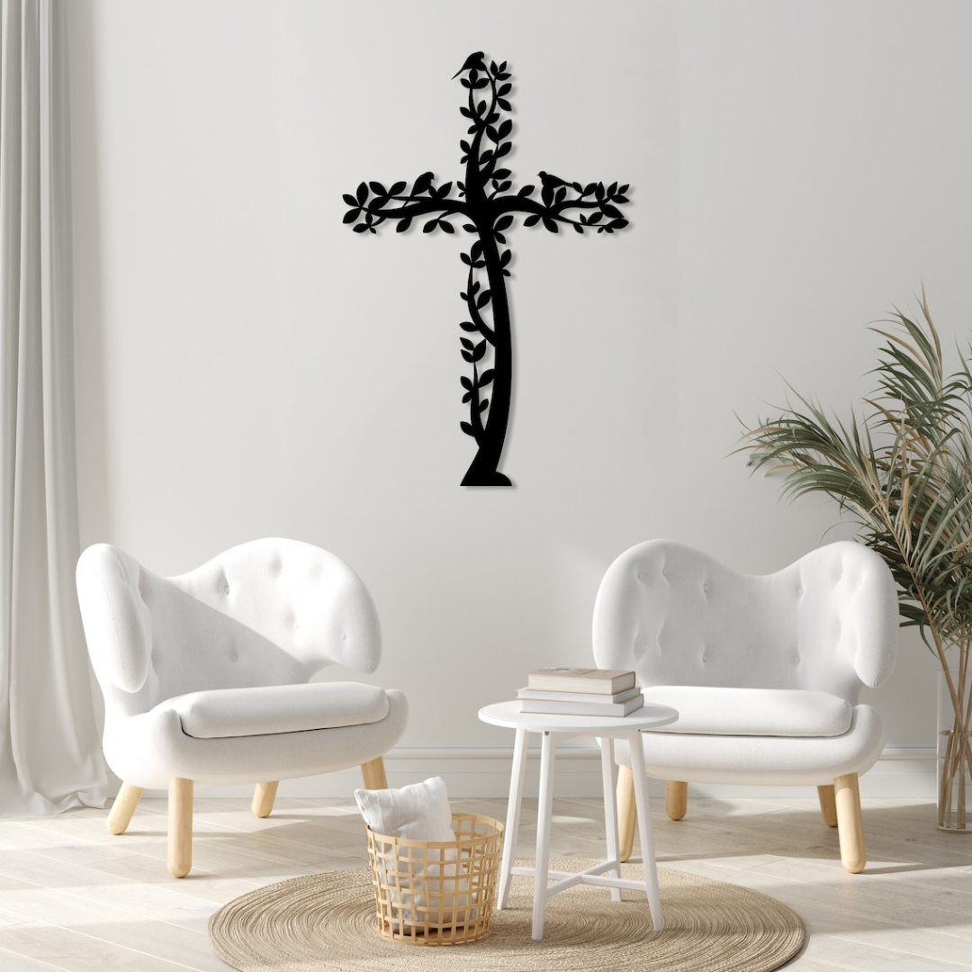 Arcdew Jesus Cross Tree & Birds – Christian Home Décor UAE | Christmas & Baptism Gift for Church & Home - arcdew.com - Arcdew black acrylic Jesus cross wall decoration with tree and birds design in modern living room.
