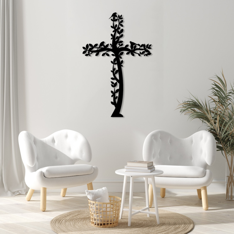 Arcdew Jesus Cross Tree & Birds – Christian Home Décor UAE | Christmas & Baptism Gift for Church & Home - arcdew.com - Arcdew black acrylic Jesus cross wall decoration with tree and birds design in modern living room.