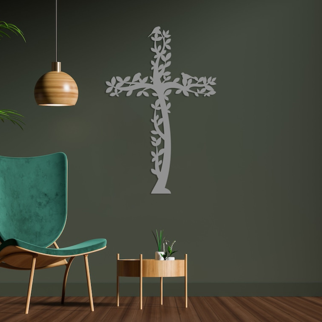 Arcdew Jesus Cross Tree & Birds – Christian Home Décor UAE | Christmas & Baptism Gift for Church & Home - arcdew.com - Silver acrylic Arcdew branded Jesus cross wall décor with tree and birds design.
