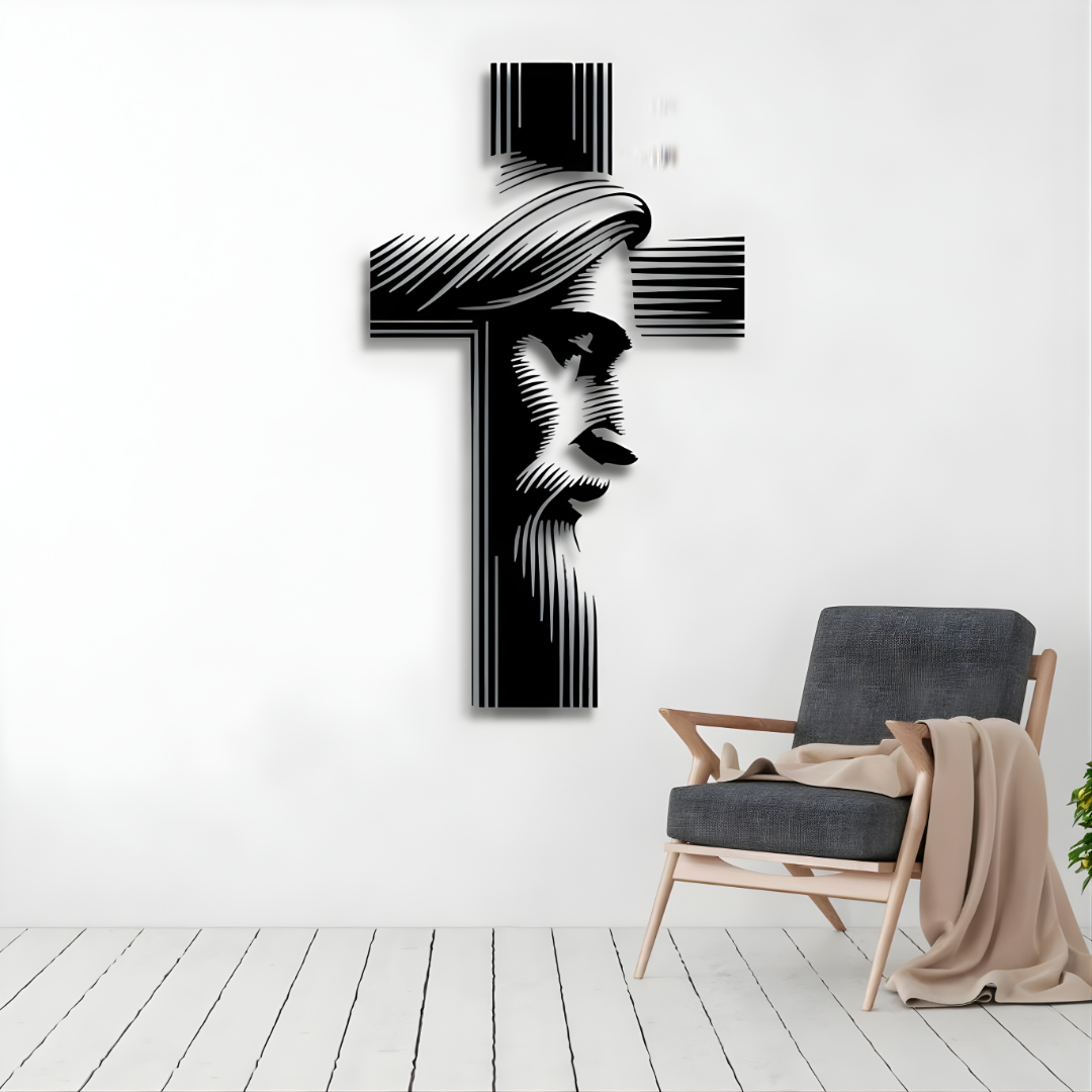 Arcdew Jesus & Cross Wall Decal UAE | Christian Home & Church Decor for Christmas & Baptism - arcdew.com - Arcdew branded black acrylic Jesus face and cross wall decal with striped details.