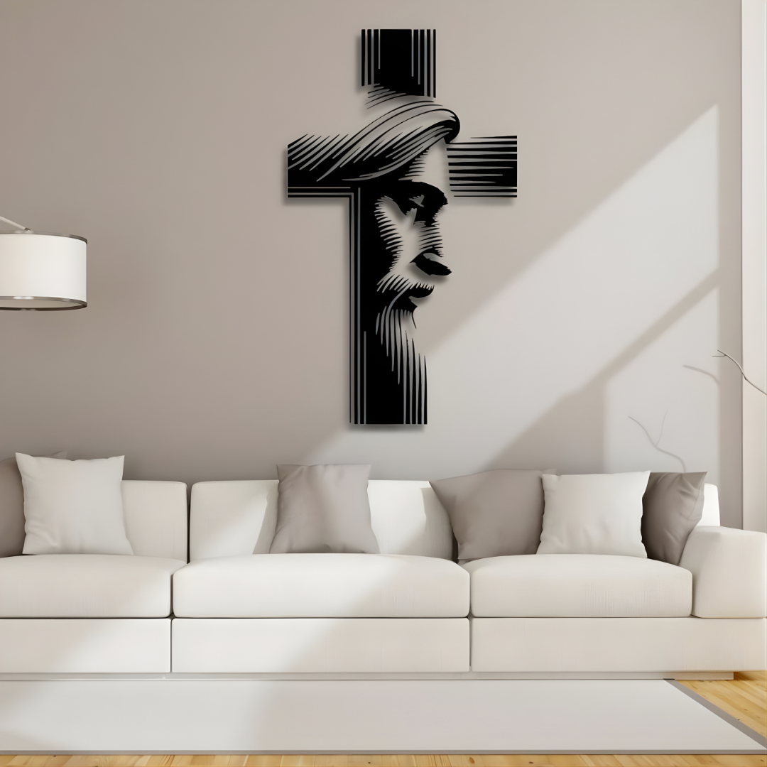 Arcdew Jesus & Cross Wall Decal UAE | Christian Home & Church Decor for Christmas & Baptism - arcdew.com - Black Arcdew acrylic Jesus and cross wall decal with branded special design above white sofa.
