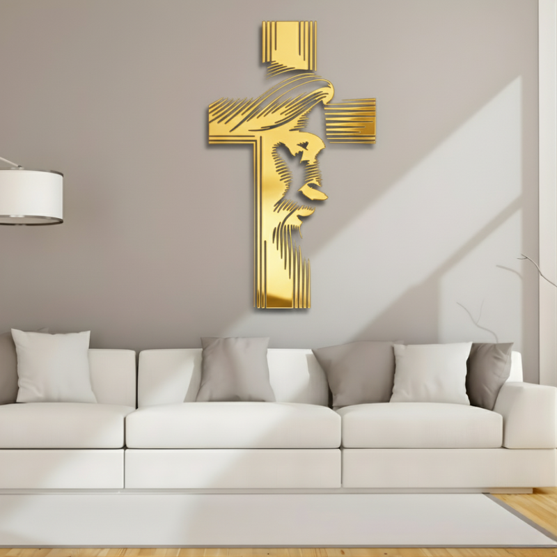 Arcdew Jesus & Cross Wall Decal UAE | Christian Home & Church Decor for Christmas & Baptism - arcdew.com - Gold acrylic Arcdew Jesus and Cross wall decal above white sofa in modern living room.