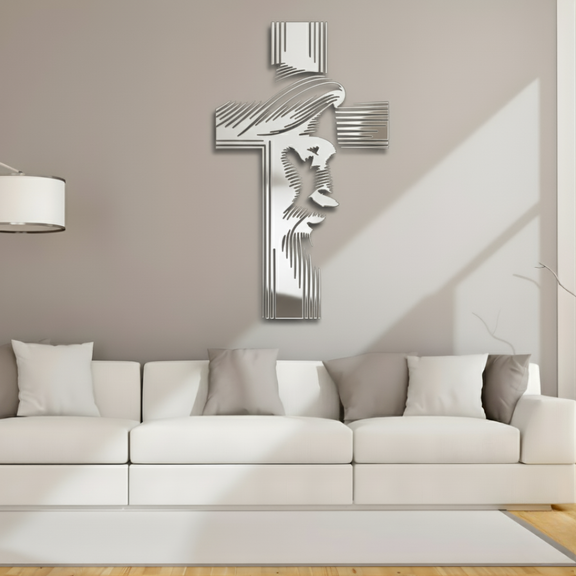 Arcdew Jesus & Cross Wall Decal UAE | Christian Home & Church Decor for Christmas & Baptism - arcdew.com - Arcdew branded acrylic Jesus and cross wall decal in silver above white sofa.