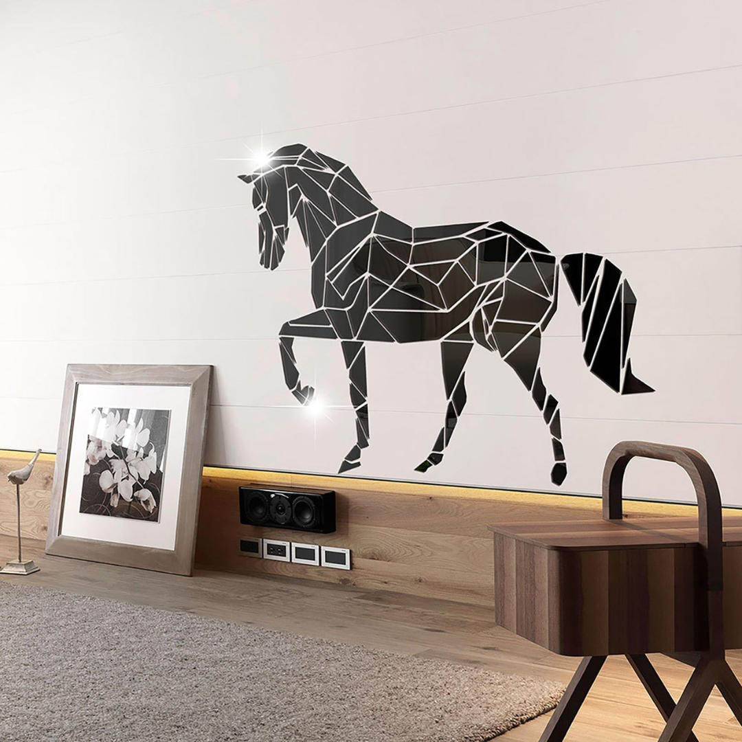 Arcdew Large Horse Acrylic Mirror Wall Art | Statement Piece - arcdew.com - Black acrylic Arcdew branded horse wall art with geometric mirror design in modern room.