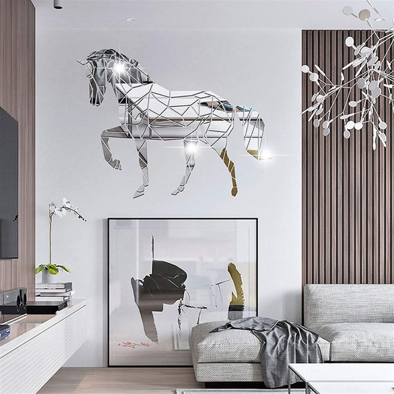 Arcdew Large Horse Acrylic Mirror Wall Art | Statement Piece - arcdew.com - Arcdew special branded large acrylic horse mirror wall art in silver with geometric design.