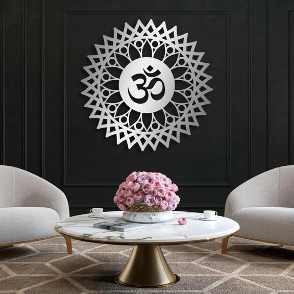Lotus Mandala Om Acrylic Wall Art Silver 1
