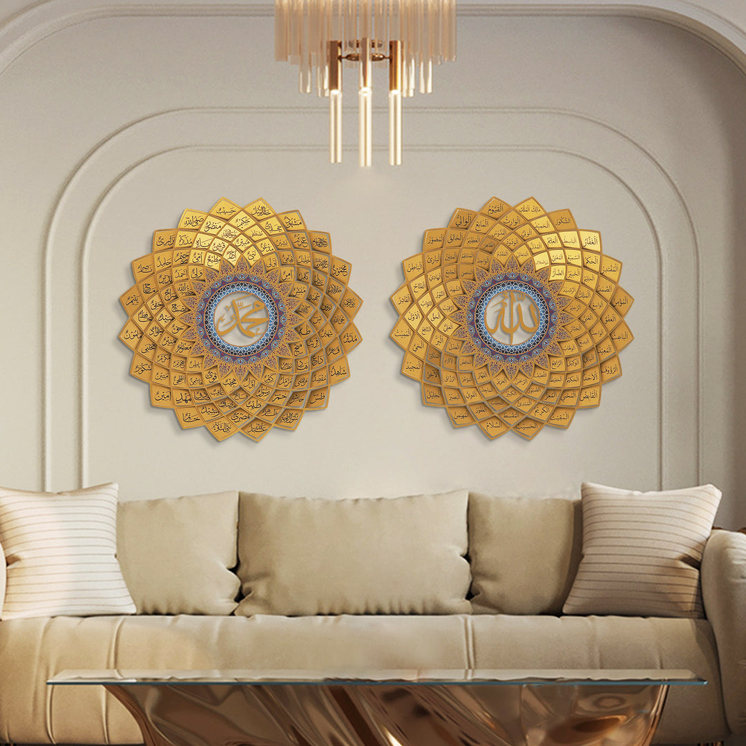 Arcdew Luxury 3D Acrylic Wall Art Set: Asma Ul Husna & Asma Un Nabi - arcdew.com - Arcdew branded special 3D acrylic gold Islamic wall art set with intricate Asma ul Husna design.