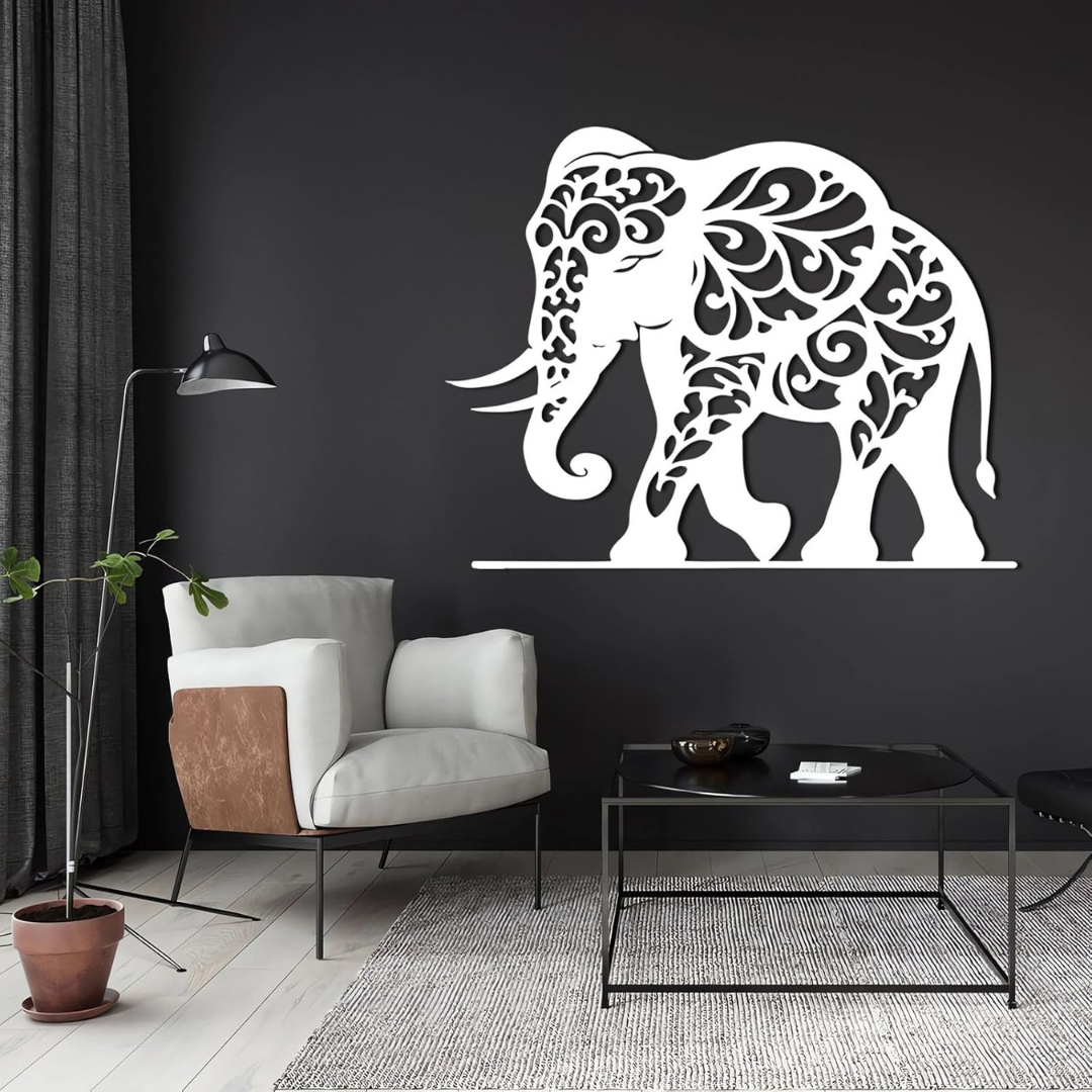 Arcdew Majestic Elephant Acrylic Wall Art | Ultra-Gloss Modern Home Decor - arcdew.com - Arcdew special branded white acrylic wall art with intricate elephant design on dark wall.
