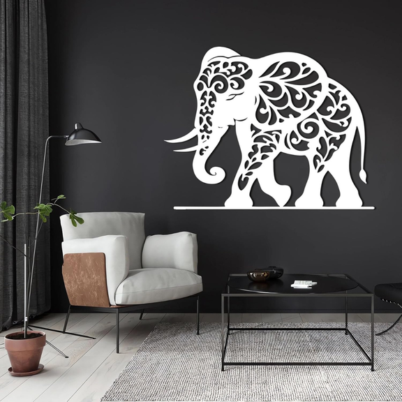 Arcdew Majestic Elephant Acrylic Wall Art | Ultra-Gloss Modern Home Decor - arcdew.com - Arcdew special branded white acrylic wall art with intricate elephant design on dark wall.