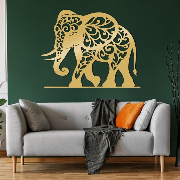 Arcdew Majestic Elephant Acrylic Wall Art | Ultra-Gloss Modern Home Decor - arcdew.com - Gold Arcdew branded acrylic elephant wall art with intricate filigree design on dark green wall.