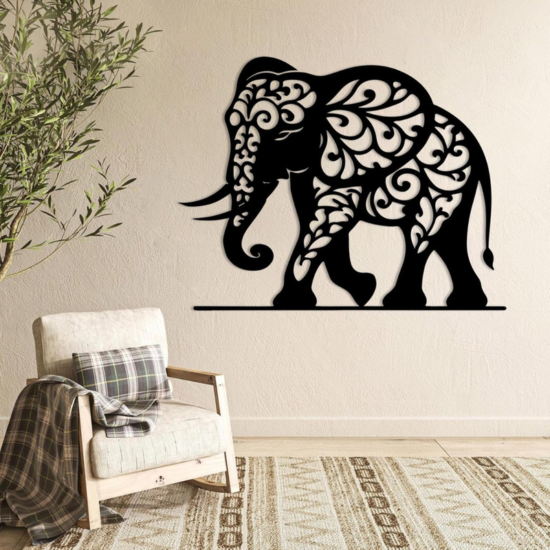 Arcdew Majestic Elephant Acrylic Wall Art | Ultra-Gloss Modern Home Decor - arcdew.com - Black Arcdew Majestic Elephant acrylic wall art with intricate cutout design in modern living room.