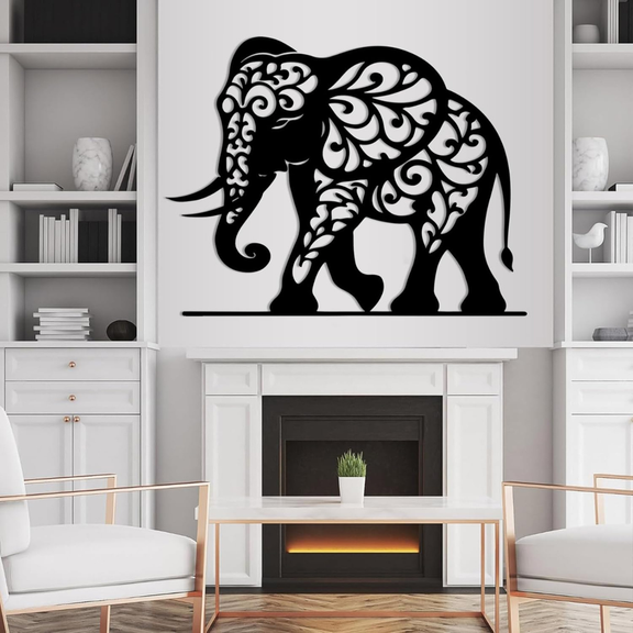 Arcdew Majestic Elephant Acrylic Wall Art | Ultra-Gloss Modern Home Decor - arcdew.com - Black Arcdew branded acrylic wall art featuring a special ornate elephant design above a fireplace.
