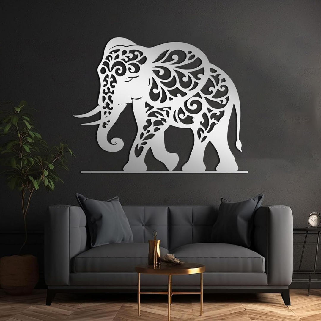 Arcdew Majestic Elephant Acrylic Wall Art | Ultra-Gloss Modern Home Decor - arcdew.com - Arcdew branded silver acrylic elephant wall art with intricate patterns on black wall.