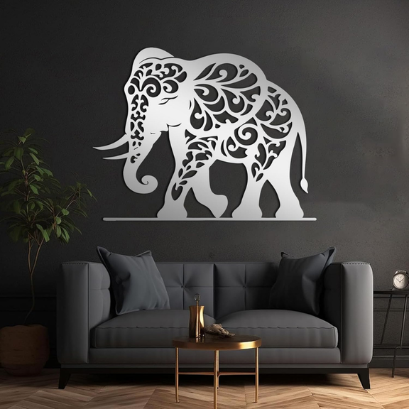 Arcdew Majestic Elephant Acrylic Wall Art | Ultra-Gloss Modern Home Decor - arcdew.com - Arcdew branded silver acrylic elephant wall art with intricate patterns on black wall.
